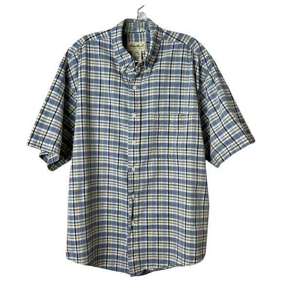 Eddie Bauer Short Sleeve Plaid Button Front Shirt White Blue Yellow Mens Large - Picture 1 of 9